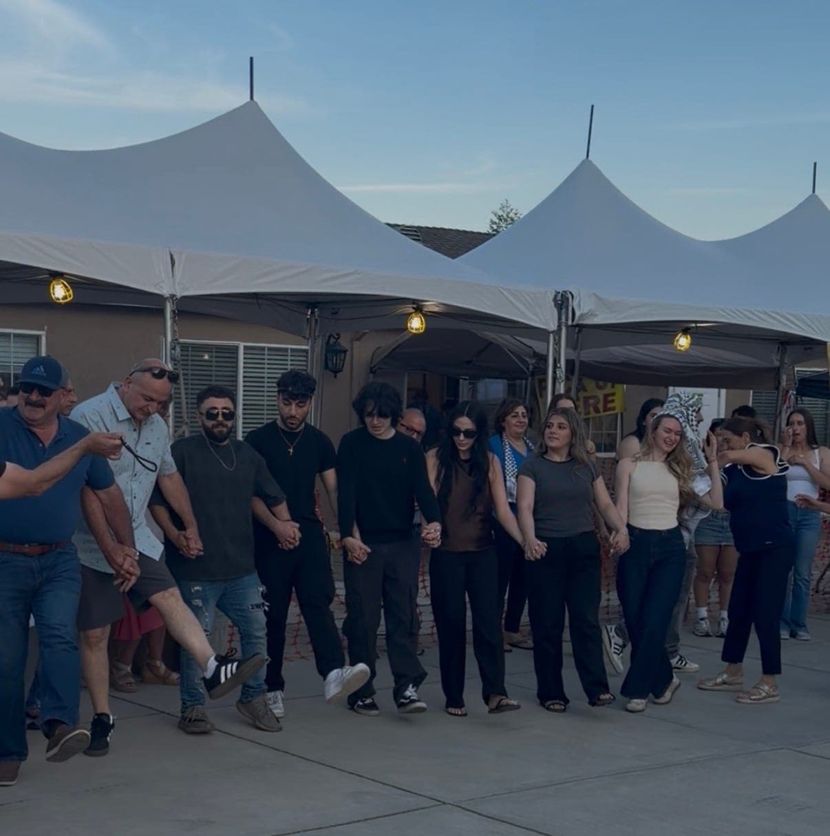 The dabke line, hands joined, dancing in the sun