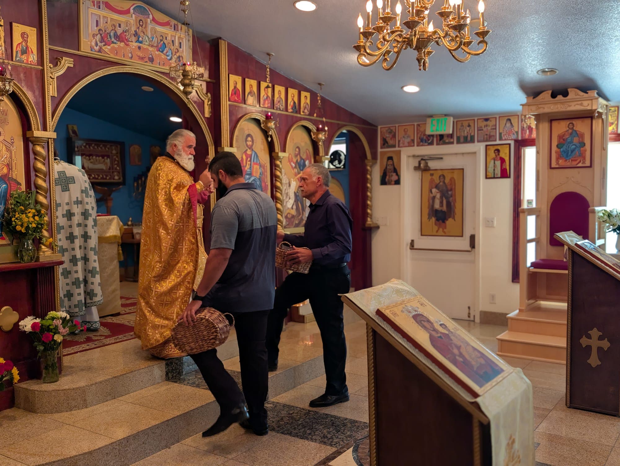 The offering basket during the Divine Liturgy